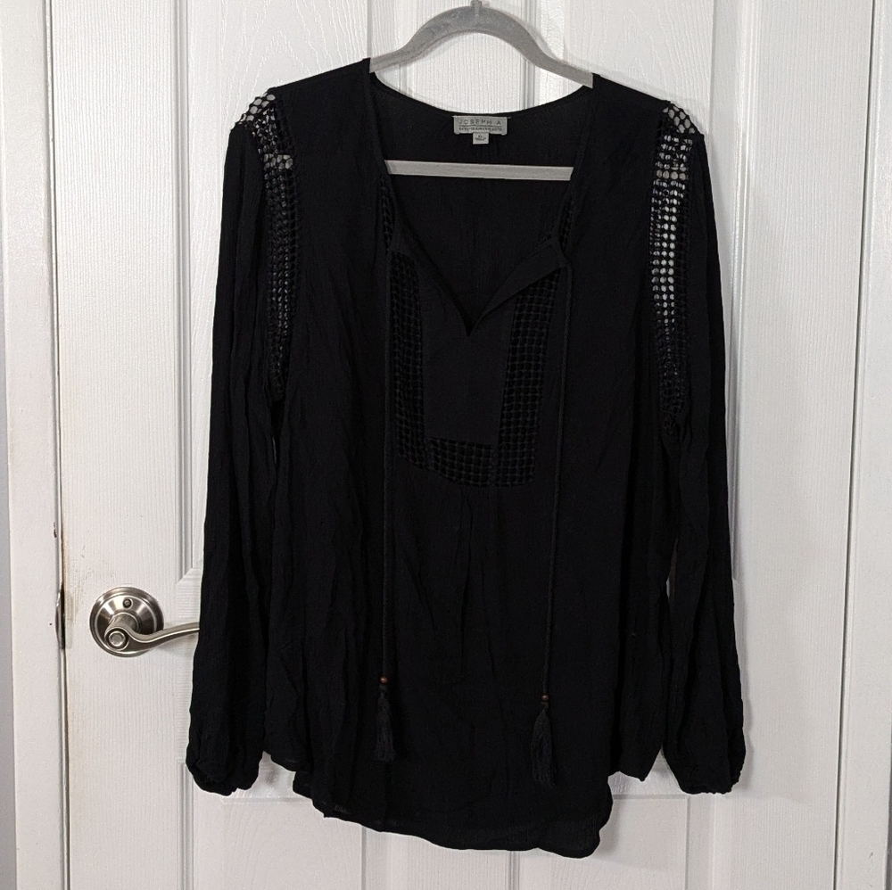 Joseph A. Gauzy Bohemian‎ Tassel Tie Front Long Sleeve Open Knit Blouse Size XL